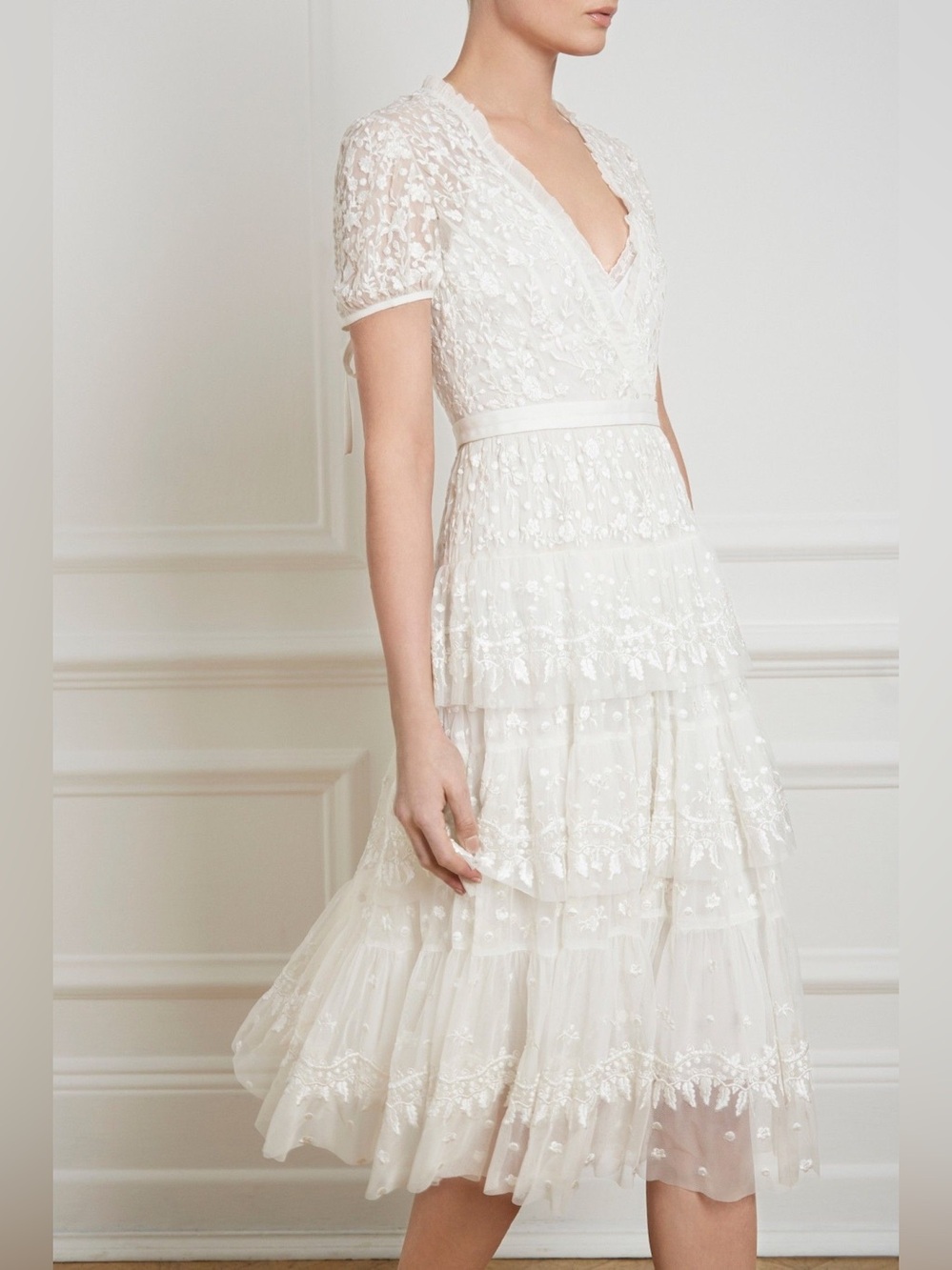 Needle & Thread white tiered layered lace dress